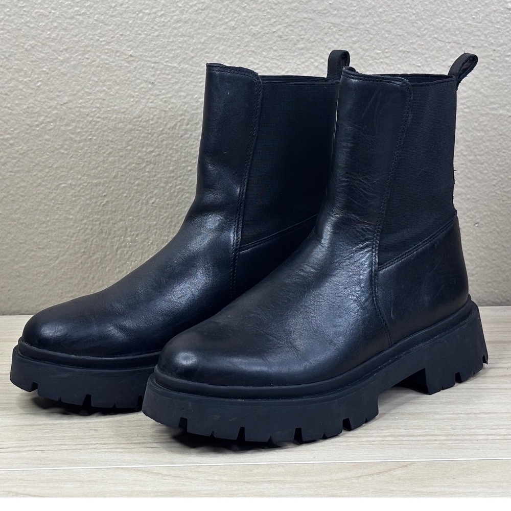 Schutz Black Leather Lug Sole Chelsea Boots Women 8B Platform Mid Calf Boots